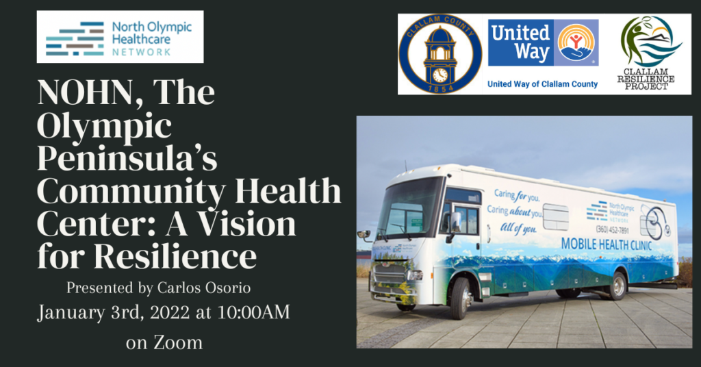 Webinar notice graphic with picture of North Olympic Health Care mobile service vehicle