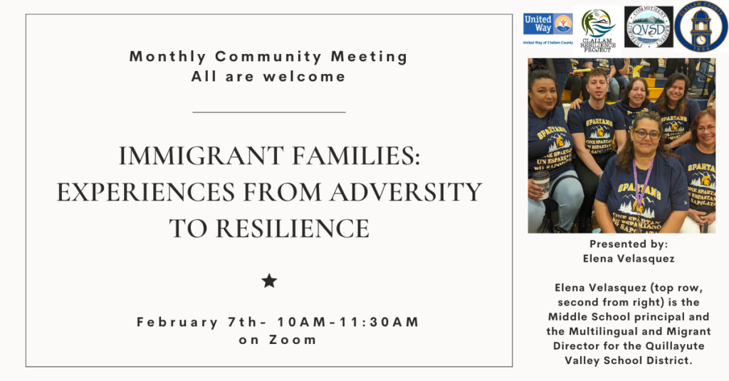 Clallam Resilience Project: graphic notice, topic is Experiences from adversity to resilience