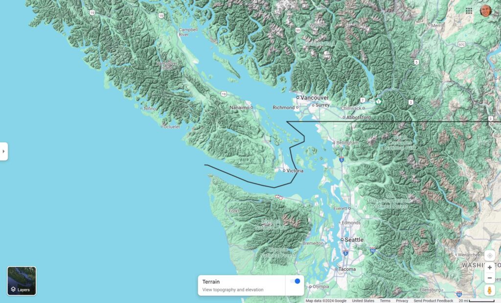 Map of the Salish Sea, which includes the Strait of Juan de Fuca, Puget Sound in the USA, and the Strait of Georgia and Desolation Sound in Canada