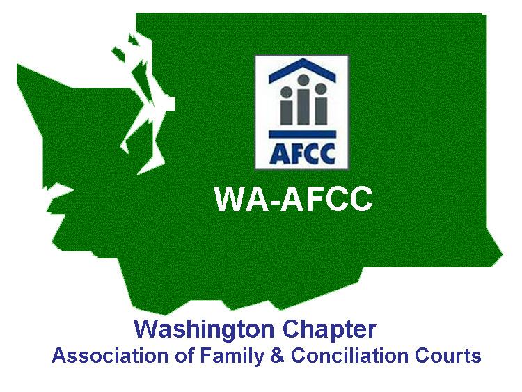 Logo for the Washington chapter of the Association of Family and Conciliation Courts, an image of Washington state in green with the AFCC international logo