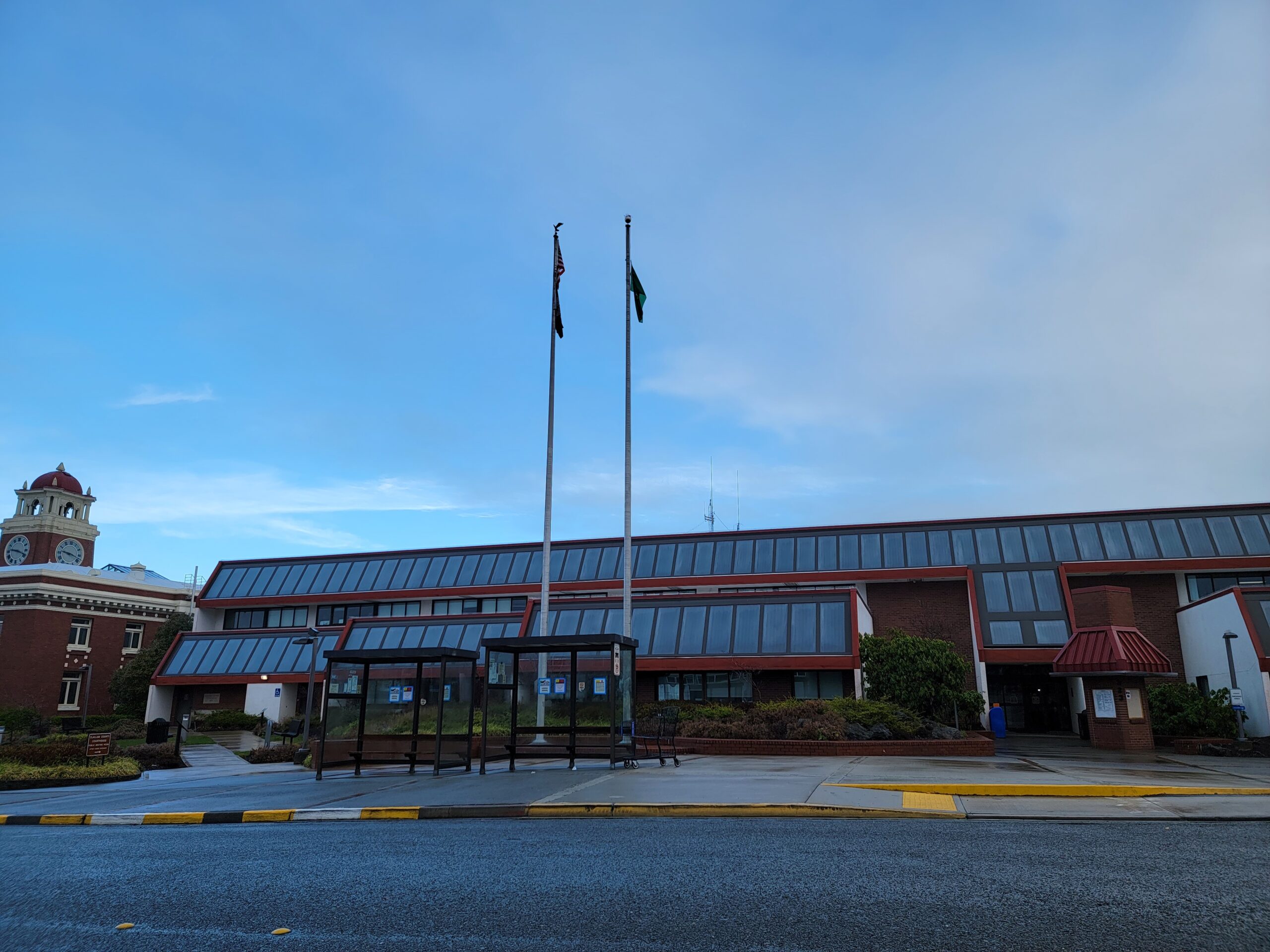 A view of the old and new Clallam County courthouses from 4th street, in Port Angeles